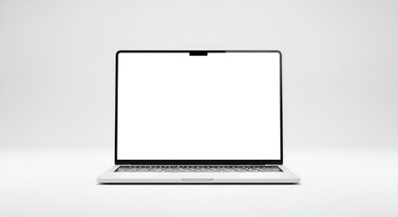 Frontal view of a modern laptop with a blank white screen on a minimalist white background studio shot