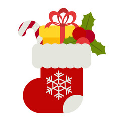 Christmas stocking filled with gifts and candies. Perfect for holiday banners, cards, packaging, and children’s festive illustrations.