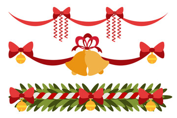 Set of three Christmas garlands. Red ribbon with bows, bells, and fir branches. Perfect for festive banners, invitations, and wrapping.