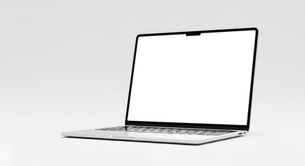 A laptop with a blank white screen is displayed on a white background in a studio setting style