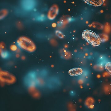 Mystical tones: vibrant blue and gold intertwined in darkness. Microbe contamination. Swirling hues of blue and gold: an enhanced glittering scene. Biohazard threat. Dangerous microbes.