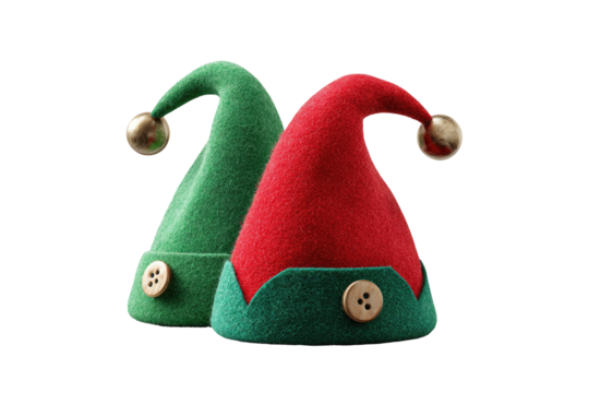 Two Christmas elf hats, one red and one green, with golden bells and wooden buttons