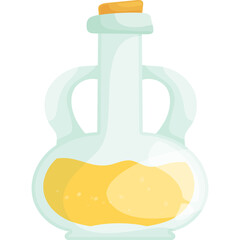 Clear Glass Amphora Shaped Bottle Containing Amber Liquid with Two Handles and Cork Stopper on a Transparent Background