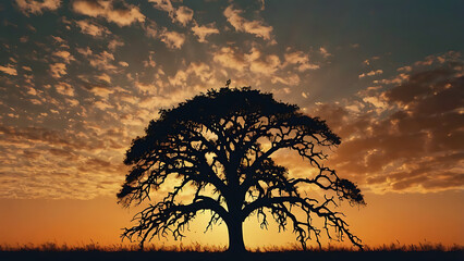 3D image Leafless Tree Silhouette at Sunset – Serene Savanna Landscape with Vibrant Sky and Natural Beauty Elements.