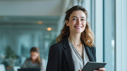 Fototapeta premium Portrait of pretty cheerful woman in office with casual clothes