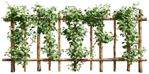 Wooden fence intertwined with lush green foliage, creating a natural and decorative boundary