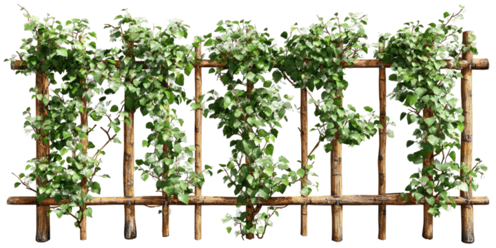 Wooden fence intertwined with lush green foliage, creating a natural and decorative boundary