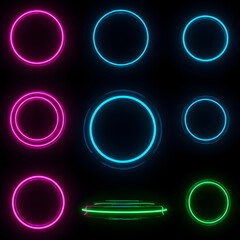 Neon glowing rings, futuristic circle shapes, isolated objects 