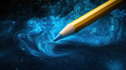 A yellow pencil pierces a swirling nebula of blue smoke against a dark starry background
