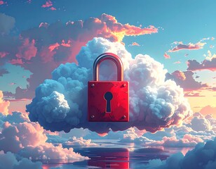 Cloud Security - A Red Padlock Protecting Data in the Sky.