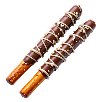 Two delicious chocolate covered pretzel sticks decorated with white icing drizzle.