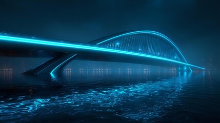 Futuristic bridge with neon lights over water modern architecture reflecting in the dark creating a serene and technologically advanced scene