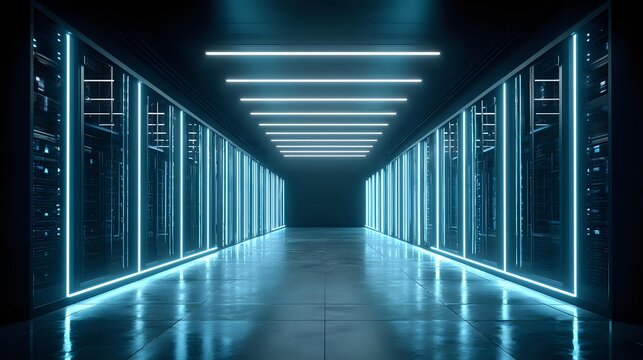 Futuristic server room with glowing neon lights a modern data center perfect for illustrating technology and network infrastructure - Powered by Adobe