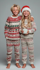Blonde Caucasian Children Posing Barefoot In Red And White Knitted Christmas Pajamas And Santa Hat