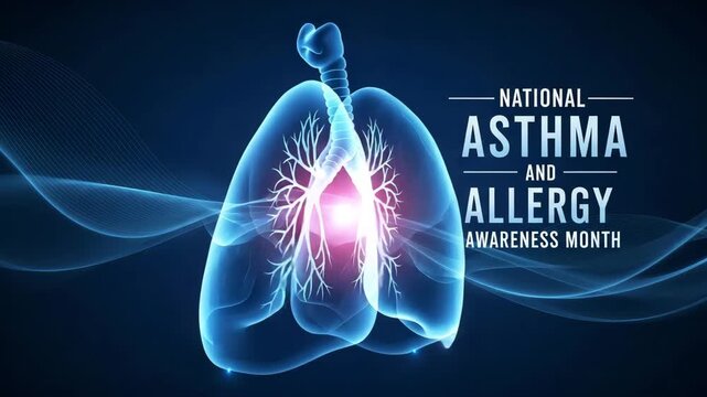 National asthma and allergy awareness month with lungs in blue background