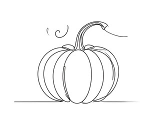 Continuous one line drawing of a pumpkin with a curly stem and vine.