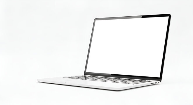 A minimalist laptop with a blank white screen displayed on a white surface in a simple studio shot - Powered by Adobe