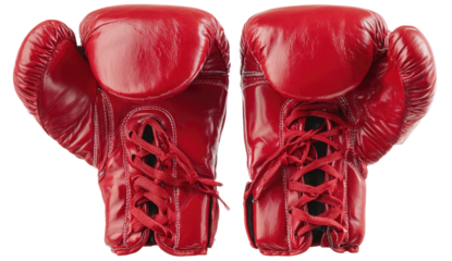 Pair of bright red leather boxing gloves against a white background. Front view, laced up