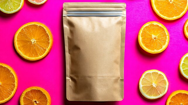 Kraft Paper Food Bag with Citrus Fruit Flatlay