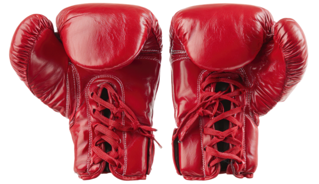 Pair of bright red leather boxing gloves against a white background. Front view, laced up