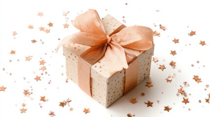 Elegant gift box with peach ribbon surrounded by scattered stars on soft background, festive present concept for birthdays, celebrations, and holiday occasions