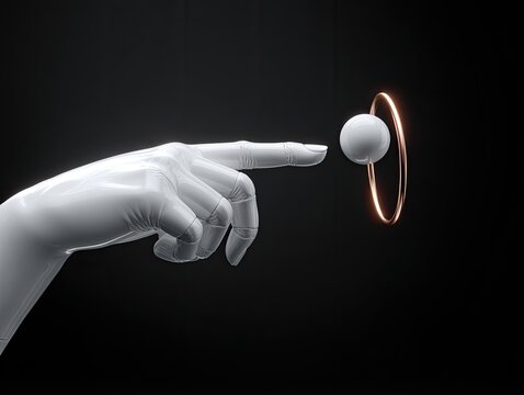Sleek white robotic hand reaching to touch a glowing sphere within an orange ring