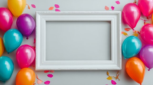 Empty white frame surrounded by colorful balloons and festive birthday decorations with free space for text, ideal for celebration, party, and greeting card design