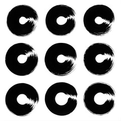 Abstract paint brush circles, bold black ink, isolated design set 