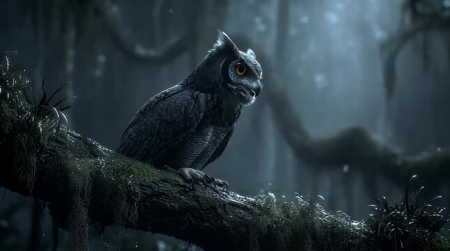 Mystical Owl Perched in Dark Forest A Nighttime Scene.