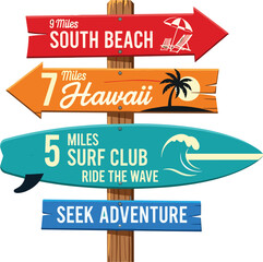 Illustration of directional signpost pointing to south beach, hawaii, and surf club, a whimsical travel and adventure concept with a surfboard design © VectoVerse