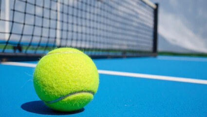 Tennis ball on blue court near net