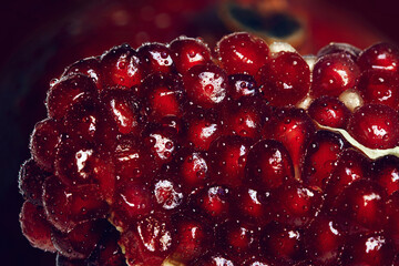 A background of juicy berries, pomegranate seeds, glistening with dew-like moisture.