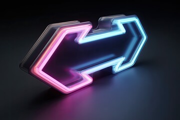 A vibrant neon double-headed arrow, glowing pink and blue, casting light on dark ground