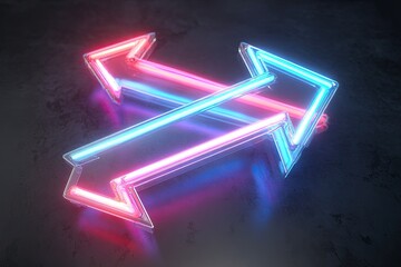 Two intersecting neon arrows, one red and one blue, glowing on a dark surface