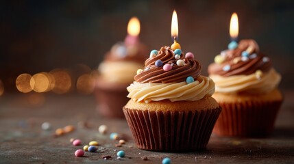 Festive birthday cupcake with lit candles and colorful frosting decorations surrounded by celebration confetti and party atmosphere