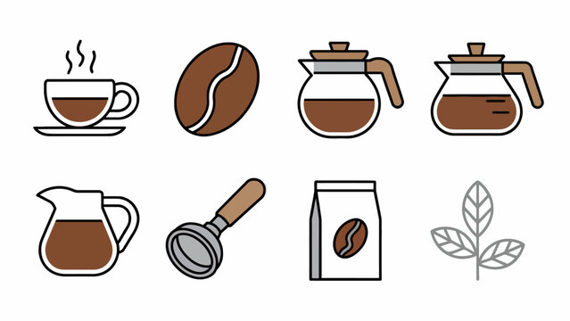 Coffee preparation illustration set with beans cup and pot vector elements for cafeteria design and promotion delicious aroma - Powered by Adobe