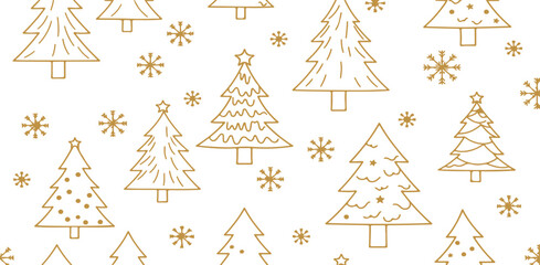 Golden christmas trees and snowflakes pattern isolated on transparent background
