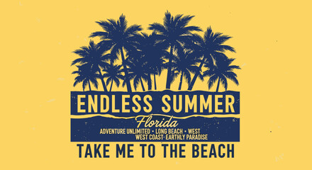 Illustration of endless summer florida beach scene with palm trees, inviting you to take a trip to the beach for adventure and relaxation, creating a perfect summer vacation © VectoVerse