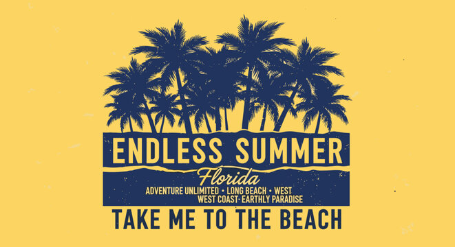 Illustration of endless summer florida beach scene with palm trees, inviting you to take a trip to the beach for adventure and relaxation, creating a perfect summer vacation