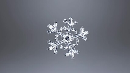 A close-up video of a crystal snowflake against a gradient gray background, showcasing intricate details and symmetry from a front-facing angle. - Powered by Adobe