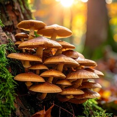 Cluster of Honey Fungus Mushrooms Growing on a Tree Trunk in Autumn.