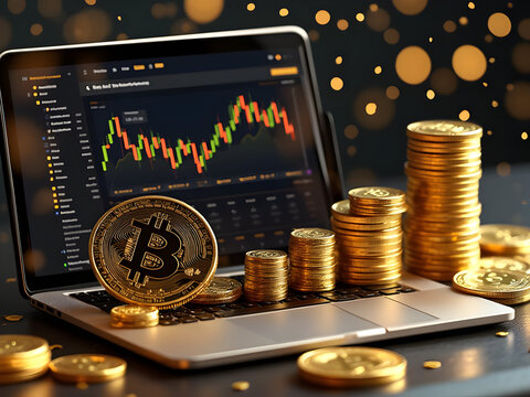 Photorealistic bitcoin coins arranged in spiral formation around premium laptop with luxury gold-themed trading interface displaying high-value cryptocurrency investment accounts - Powered by Adobe