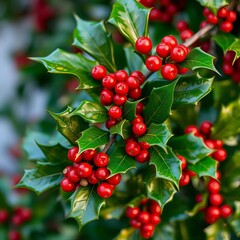 Vibrant red holly berries and green leaves on a festive sprig, perfect for holiday decor,  branch,  nature