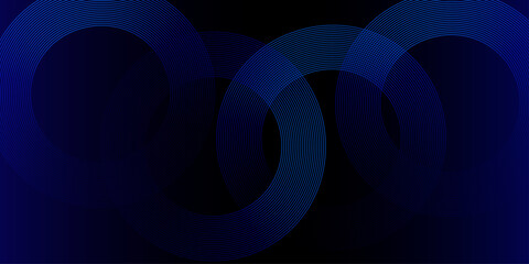 Blue abstract vector long banner. Minimal background with arrows and copy space for text. Abstract blue glowing geometric lines on dark blue background. Modern shiny blue circle lines pattern.