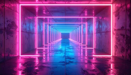 Geometric neon tunnel with pink and blue lighting reflects on the wet floor and concrete walls