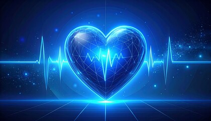 Glowing, geometric heart with heartbeat line against a blue, grid background and bokeh dots for a modern, digital feel