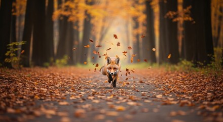 Red Fox running through an Autumn Forest with falling leaves galore