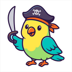 Playful Parrot Pirate with a Sword and SkullAdorned Hat Cartoon Illustration.