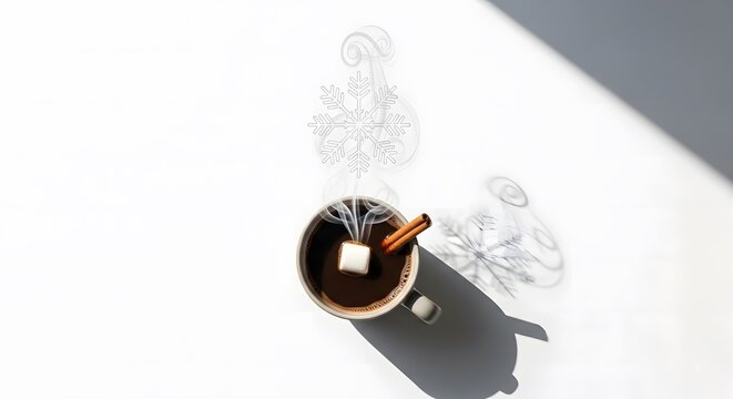 hot drink with cinnamon and marshmallow flat lay on white with steam snowflake shadow for winter recipe blogs, minimal menu design, or holiday advertising graphics and web headers, with copy space
