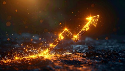 Glowing golden arrow pointing upwards on a textured dark surface with bokeh highlights, conveying progress and growth